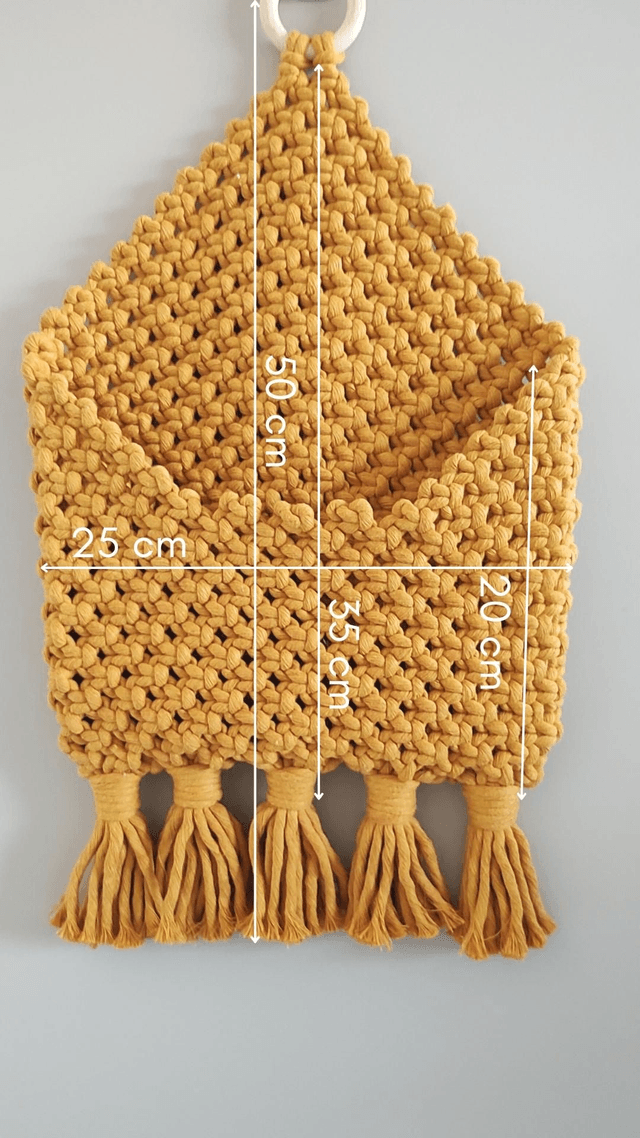 Pochette murale en macramé bohème • Jaune moutarde 