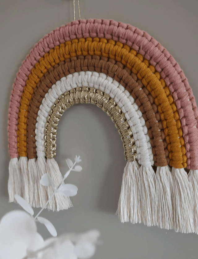 Miroir ourson marron & Arc-en-ciel "Jade" - Déco bohème macramé Fait main - Chambre enfant