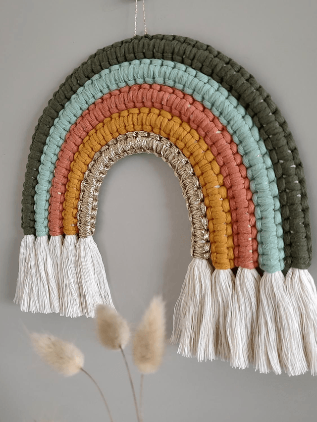 Miroir ourson kaki & Arc-en-ciel "Mowgli" - Déco bohème macramé Fait main - Chambre enfant