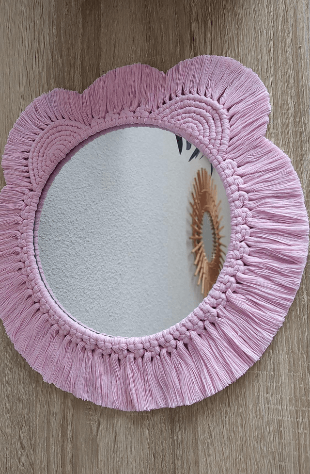 Miroir macramé ourson rose - Déco bohème chambre bébé/enfant